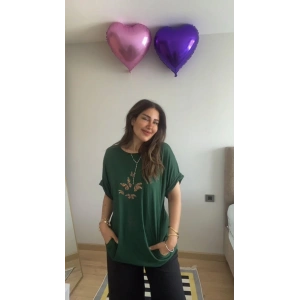 Kadın Kısa Kollu Bisiklet Yaka Cepli Kelebek Baskılı Viskon Elbise