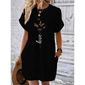 Kadın Kısa Kollu Bisiklet Yaka Cepli Kelebek Baskılı Viskon Elbise