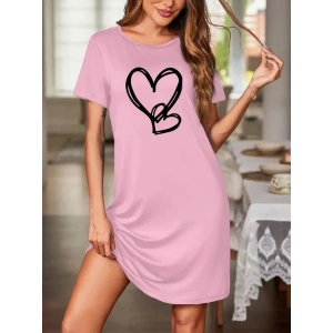 Kadın Kısa Kollu Bisiklet Yaka Kalp Desenli Viskon Elbise