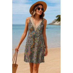 Kadın Kısa Kollu Dantel V Yakalı Desenli Süprem Elbise