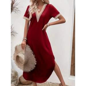 Kadın Kısa Kollu Dantel V Yakalı Uzun Viskon Elbise