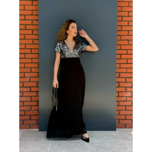 Kadın Kısa Kollu Derin V Yakalı A Kesim Pulpayet Detaylı şifon Nedime Elbisesi