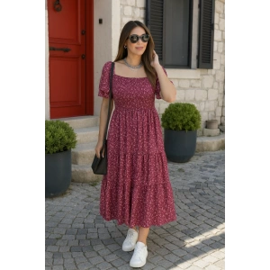 Kadın Kısa Kollu Gipe Detaylı Desenli Midi Süprem Elbise