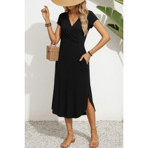 Kadın Kısa Kollu Hakim V Yaka Viskon Elbise