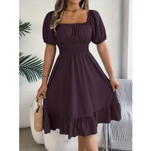 Kadın Kısa Kollu Kare Yakalı Beli Lastikli Kısa Trikoton Elbise