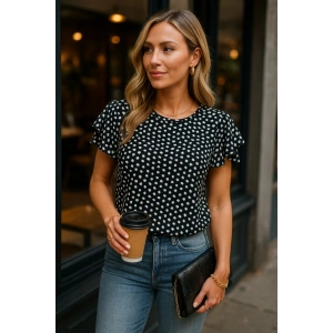 Kadın Kısa Kollu Kolları Volanlı Baskılı Süprem Bluz