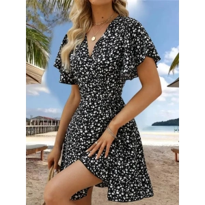 Kadın Kısa Kollu Kolu Ve Eteği Volanlı Fırfırlı çiçek Desenli Mini Elbise