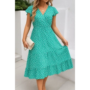 Kadın Kısa Kollu Kruvaze Yaka Beli Lastikli çiçek Desenli Elbise