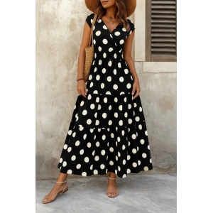 Kadın Kısa Kollu Kruvaze Yaka Beli Lastikli Süprem Maksi Boy Elbise