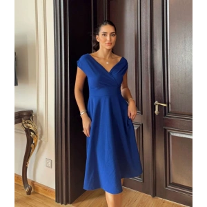 Kadın Kısa Kollu Kruvaze Yaka Eteği Volanlı Krep Elbise