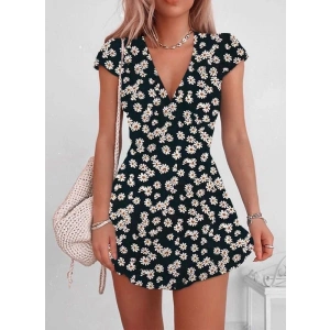 Kadın Kısa Kollu Kruvaze Yaka Papatya Baskılı Krep Elbise