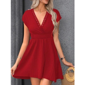 Kadın Kısa Kollu Kruvaze Yakalı Beli Lastikli Bürümcük Elbise