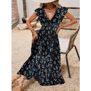 Kadın Kısa Kollu Kruvaze Yakalı Beli Lastikli çiçek Desenli Elbise