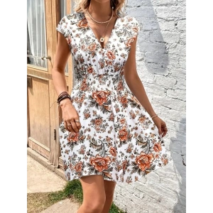 Kadın Kısa Kollu Kruvaze Yakalı çiçekli Desenli Süprem Elbise