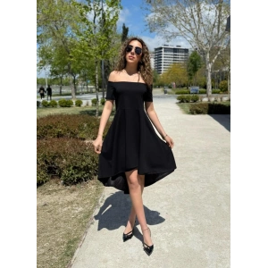 Kadın Kısa Kollu Madonna Yaka önü Kısa Arkası Uzun Ithal Krep Elbise