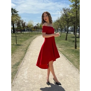 Kadın Kısa Kollu Madonna Yaka önü Kısa Arkası Uzun Ithal Krep Elbise