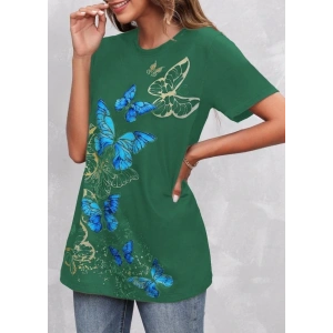 Kadın Kısa Kollu Mavi Sarı Kelebek Baskı Süprem Tshirt