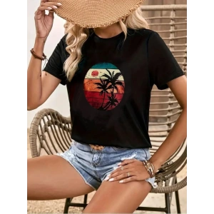 Kadın Kısa Kollu Palmiye Baskılı Viskon Tshirt