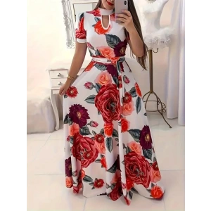 Kadın Kısa Kollu Pencere Detay Gül Baskılı Tam Boy Kiloş Elbise