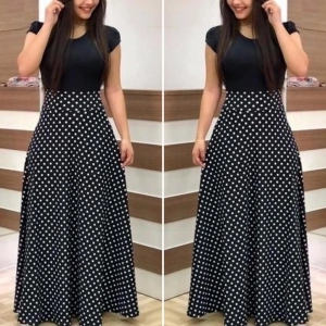 Kadın Kısa Kollu Puan Desen Tam Boy Krep Elbise