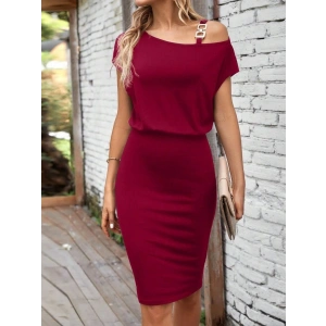 Kadın Kısa Kollu Tek Omuz Askı Ve Aksesuar Detay Beli Lastikli Krep Elbise