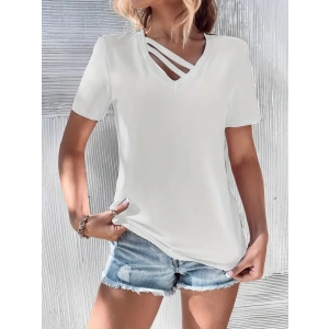 Kadın Kısa Kollu V Yaka şerit Detay Viskon Bluz