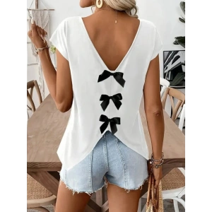 Kadın Kısa Kollu V Yakalı Arkadan Kurdele Detaylı Viskon Bluz