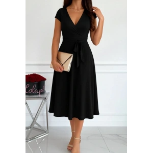 Kadın Kısa Kollu V Yakalı Belden Kuşaklı Maksi Boy Viskon Elbise