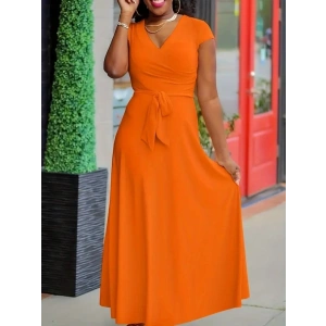 Kadın Kısa Kollu V Yakalı Belden Kuşaklı Maksi Boy Viskon Elbise