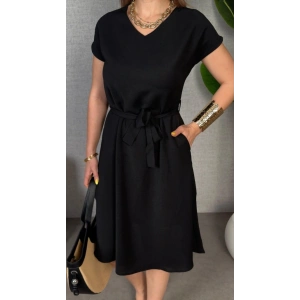 Kadın Kısa Kollu V Yakalı Beli Kuşaklı Ithal Keten Elbise