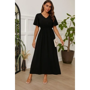 Kadın Kısa Kollu V Yakalı Beli Lastikli Uzun Viskon Elbise