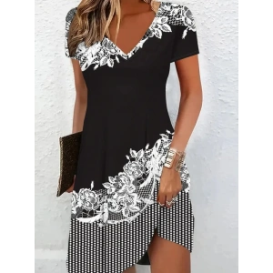 Kadın Kısa Kollu V Yakalı çiçek Baskılı Süprem Elbise