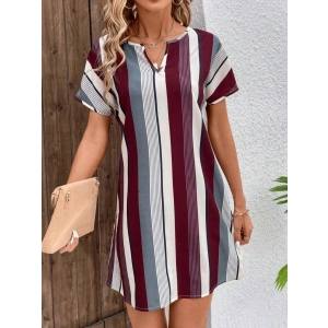 Kadın Kısa Kollu V Yakalı çizgi Baskılı Süprem Elbise