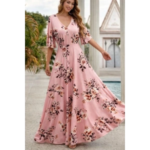 Kadın Kısa Kollu V Yakalı Desenli Süprem Elbise