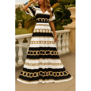 Kadın Kısa Kollu V Yakalı Desenli Süprem Elbise