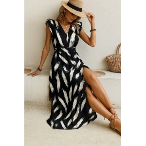 Kadın Kısa Kollu V Yakalı Desenli Yandan Yırtmaçlı Süprem Elbise