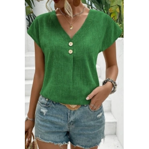 Kadın Kısa Kollu V Yakalı Düğmeli Keten Bluz