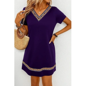 Kadın Kısa Kollu V Yakalı Etnik Desen şerit Detaylı Viskon Elbise