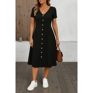 Kadın Kısa Kollu V Yakalı önden Düğmeli A Kesim Dokuma Elbise