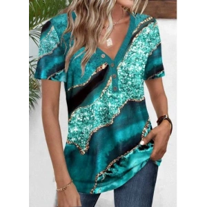 Kadın Kısa Kollu V Yakalı önden Düğmeli Baskılı Süprem Bluz