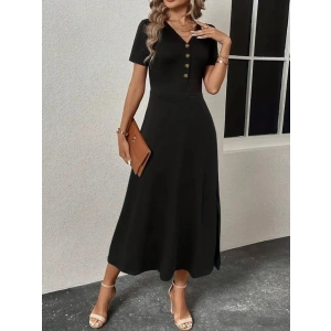 Kadın Kısa Kollu V Yakalı önden Düğmeli Yırtmaçlı Midi Viskon Elbise
