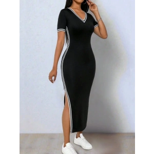 Kadın Kısa Kollu V Yakalı Yandan Yırtmaçlı Viskon Iki Iplik Elbise