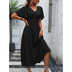 Kadın Kısa Kollu Volanlı Kol Beli Gipeli Jakarlı Vual Midi Boy Elbise