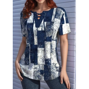Kadın Kısa Kollu Yakası Bağcıklı Kuş Gözü Detay Süprem Bluz
