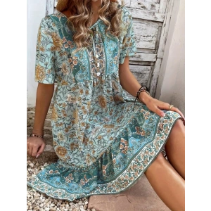 Kadın Kısa Kollu Yakası Bağcıklı önden Düğmeli Fırfır Desenli Süprem Elbise