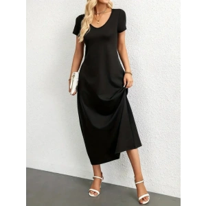 Kadın Kısa Kollu Yakası Yuvarlak Cepli Viskon Elbise