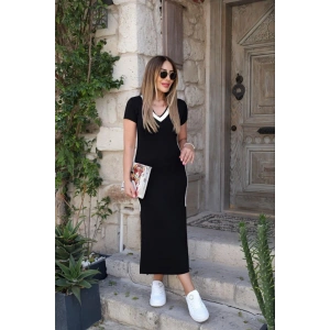 Kadın Kısa Kollu Yanları şerit Detay Yakası Ribanalı Yırtmaçlı Viskon Uzun Elbise