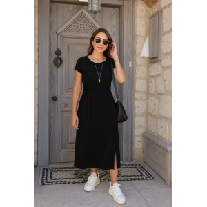 Kadın Kısa Kollu Yuvarlak Yaka Belden Bağcıklı önden Yırtmaçlı Aerobin Elbise