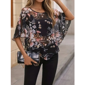 Kadın Kısa Kollu Yuvarlak Yaka çiçek Baskılı Asimetrik Kesim şifon Bluz
