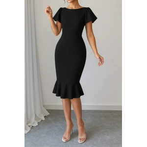 Kadın Kısa Kollu Yuvarlak Yaka Pileli Janjan Krep Elbise